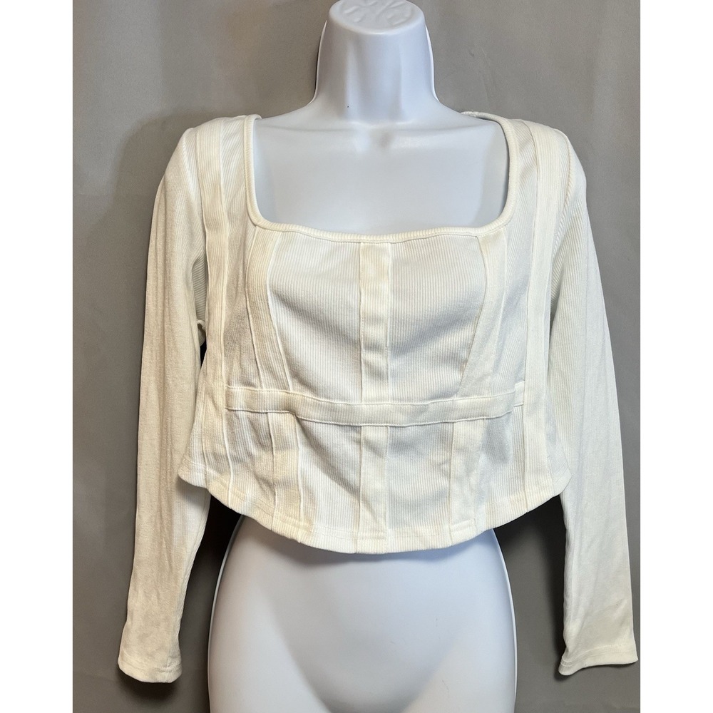Cider‎ Long Sleeve Ribbed Crop Top White Plus Size 0XL Steampunk Women's